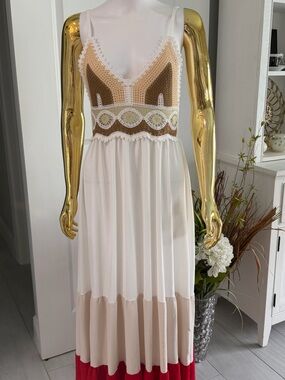 Boho Crochet Maxi Dress with Colorblock Skirt - White & Tan XS